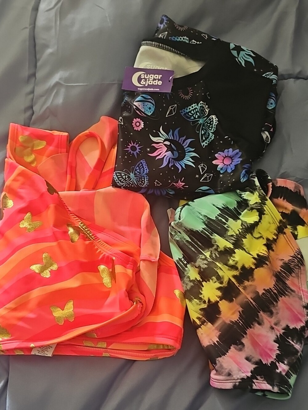 Lot Of 3 Sugar & Jade Black Astro Butterfly Rashguard + Colorful Active Set